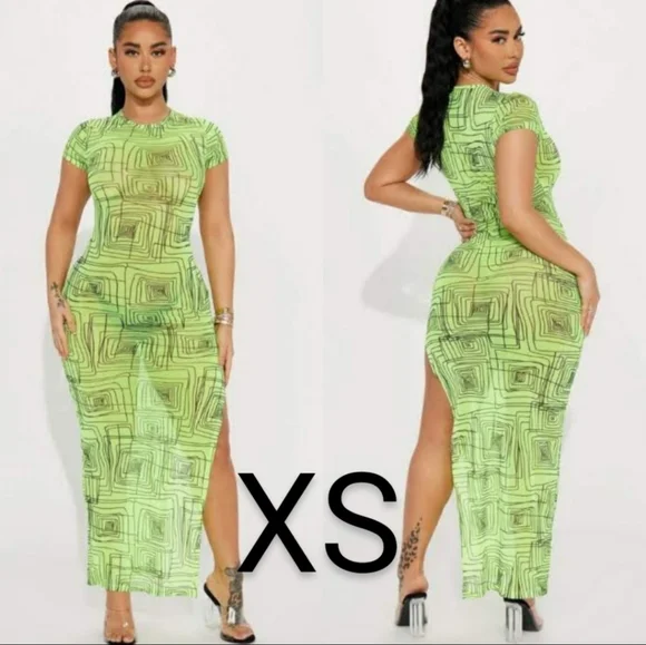 Fashion Nova | Dresses | Fashion Nova Lime Green Mesh Squares Design Print  Maxi Dresssize Xs | Poshmark